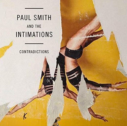 Album cover with torn image of legs in black stockings against a yellow background.