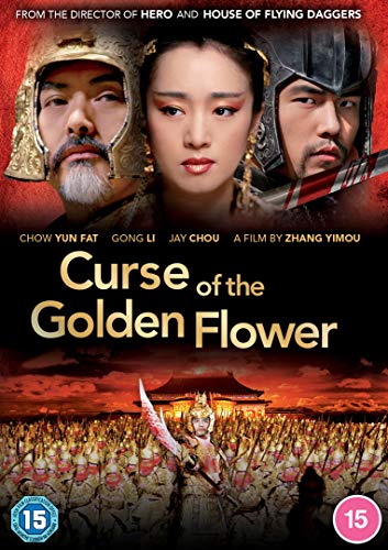 "Curse of the Golden Flower DVD cover featuring three actors and an army scene."