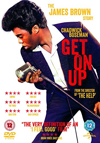 DVD cover featuring Chadwick Boseman as James Brown holding a vintage microphone, wearing a suit.