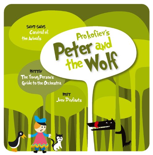 "CD cover featuring 'Peter and the Wolf' with cartoon boy, animals, and forest background."