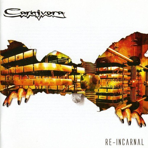 "Album cover art: 'Carnivora' with a futuristic, metallic creature on a white background."