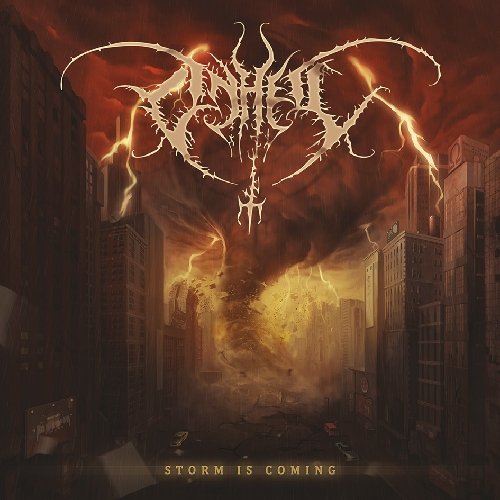 "Album cover art with 'Onheil' logo, cityscape, and stormy sky with lightning."