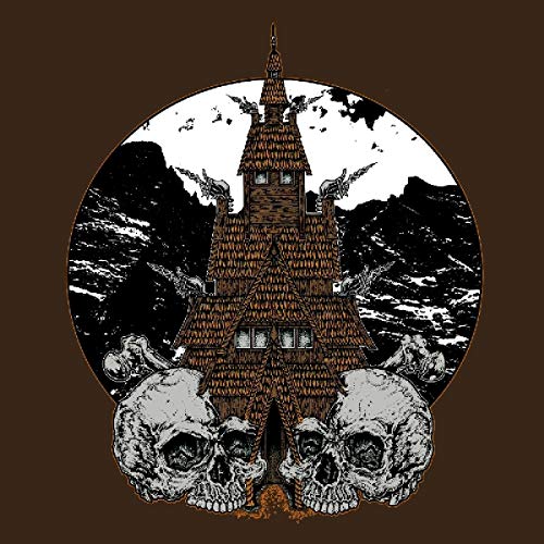 Dark illustration of a wooden stave church with skulls and mountains.