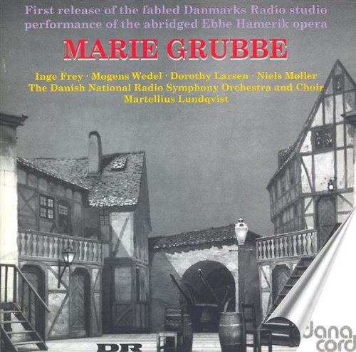 "Black and white opera CD cover with stage scene and red title 'MARIE GRUBBE'."