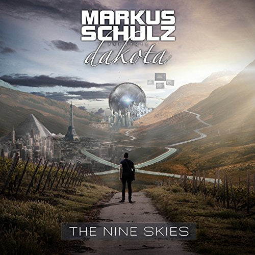 A person stands on a path overlooking a surreal landscape with city landmarks and spheres.