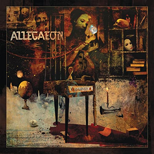 Allegaeon album cover: a man with a glowing orb, skulls, and books.
