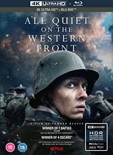 All Quiet on the Western Front" Blu-ray cover featuring a soldier’s face.