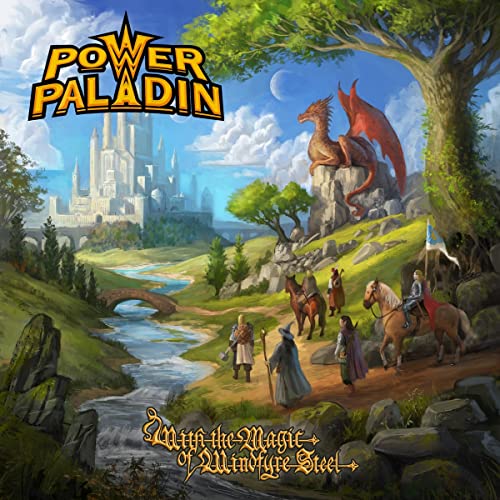 Fantasy album cover: knights, dragon, castle, and landscape in painted style.