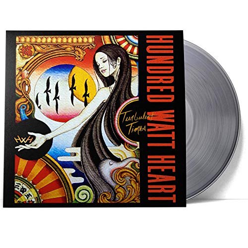 Album cover with illustrated woman and birds next to a clear vinyl record.