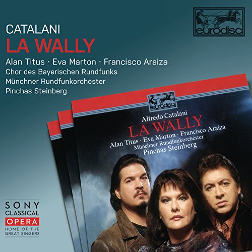"CD cover with 'La Wally' title, three opera singers, and blue gradient background."