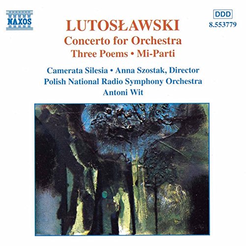 "CD cover with abstract art and text about Lutoslawski's orchestral compositions."