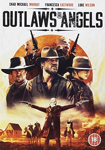 "Outlaws and Angels" DVD cover featuring cowboys and a burning homestead scene.
