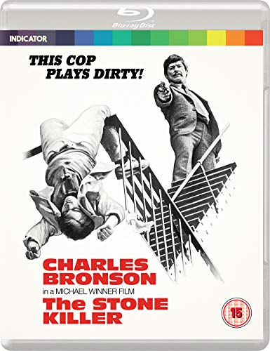 The Stone Killer" Blu-ray cover featuring Charles Bronson and a dramatic staircase scene.