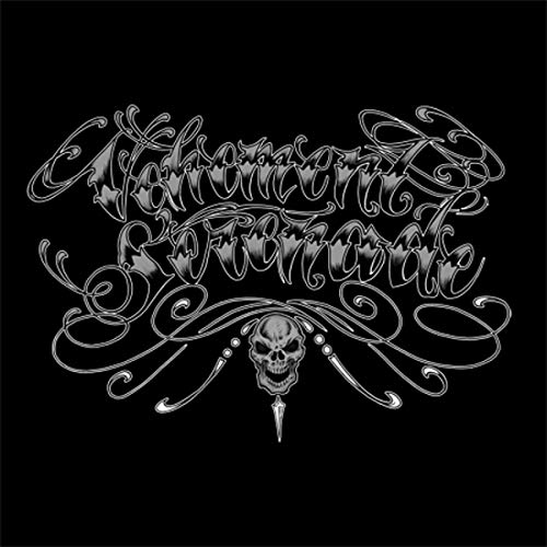 Black and white album art with ornate script and a skull.