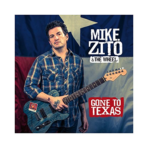 "Album cover with man holding guitar, blue plaid shirt, and Texas flag background."