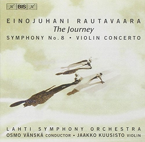 CD cover with violins against a cloudy sky, featuring Einojuhani Rautavaara's music.