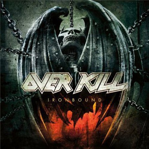 "Album cover featuring a skull with large metal wings and chains, with 'Overkill' and 'Ironbound' text."