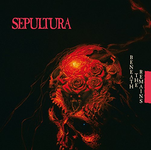 "Album cover with a red skull and roses on a black background."