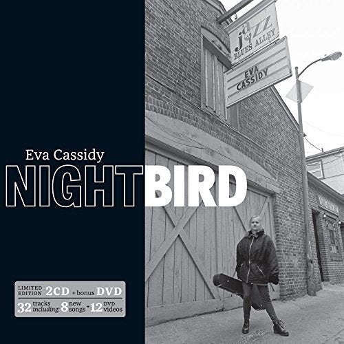 "Eva Cassidy's 'Nightbird' album cover featuring a black-and-white photo of a woman walking."