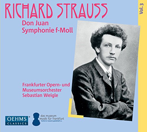 "CD cover with black and white portrait of Richard Strauss on light blue background."