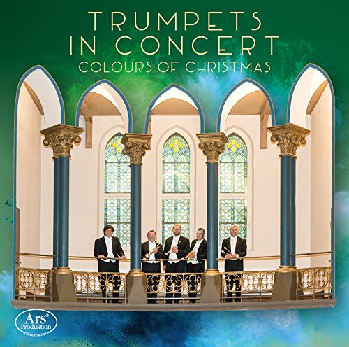 "CD cover featuring a trumpet ensemble in formal attire playing on a balcony."