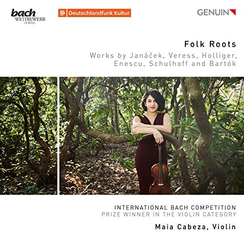 CD cover: Woman with violin in a forest, titled "Folk Roots".
