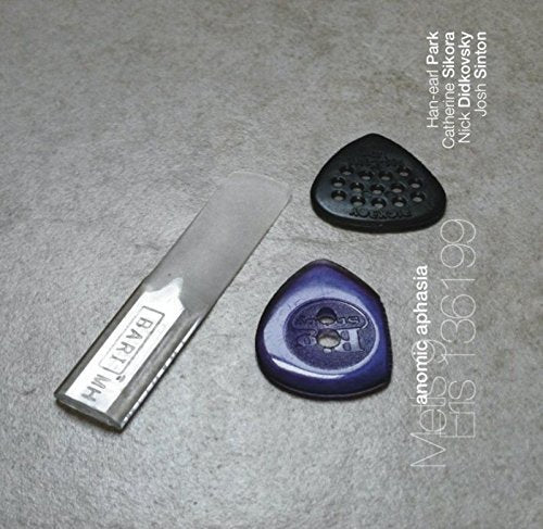 CD case with two guitar picks and a slide on a grey surface.