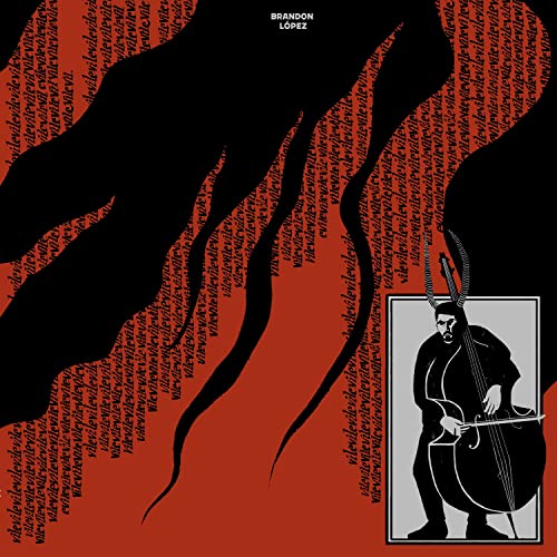 CD cover: red background, black abstract shape, man with cello.