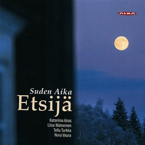 "CD cover with moonlit landscape, trees, and text 'Suden Aika Etsijä' in white and beige."
