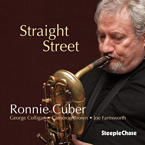 Ronnie Cuber playing a golden baritone saxophone, album cover art.
