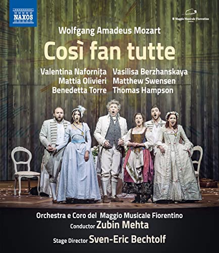 Blu-ray cover for Mozart’s opera Così fan tutte, featuring six singers onstage.