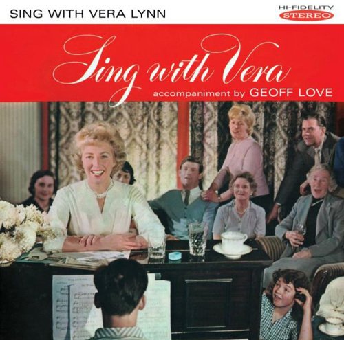 "Black and white image of Vera Lynn singing, with pink and white text on a black background."