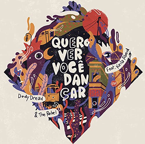 Colorful illustrated vinyl record cover with text and abstract shapes.