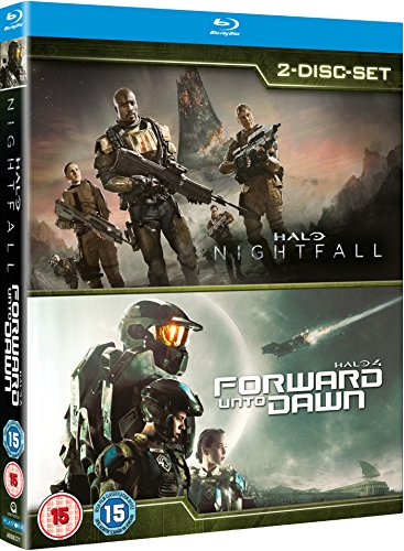 "Blu-ray case with Halo: Nightfall and Halo 4: Forward Unto Dawn covers."