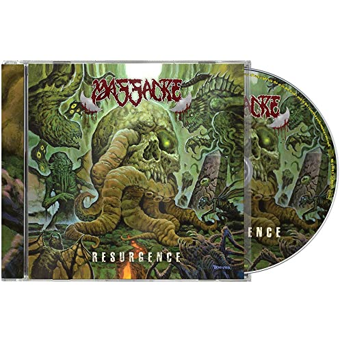 “Massacre - Resurgence” CD case with a gruesome, green and skull-filled cover art.