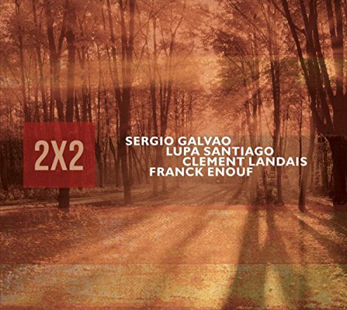 "Album cover with forest path, red square, and artist names in white text."