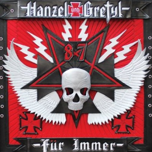 "Album cover with red background, white skull, and black star, surrounded by metal framing."
