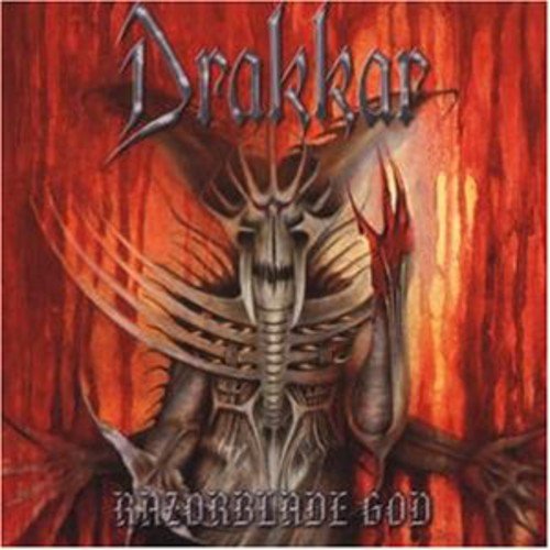 Drakkar “Razorblade” CD cover: fiery red background with skeletal demon art.
