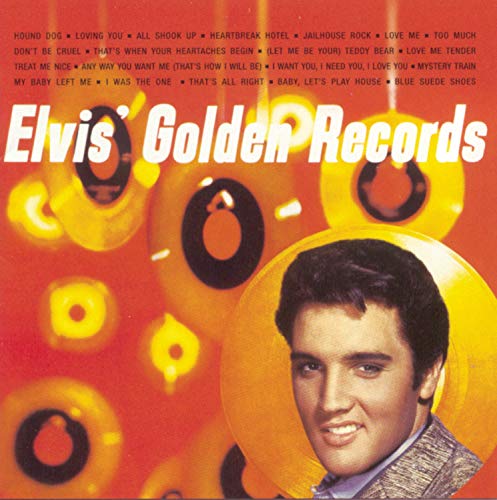 "Elvis Presley's album cover with his portrait and vinyl records on an orange background."