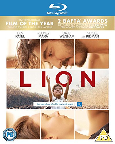 Blu-ray cover for the film "Lion" featuring portraits and a boy looking up.