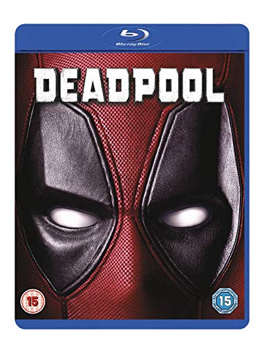 Blu-ray cover featuring a close-up of Deadpool's red and black masked face.