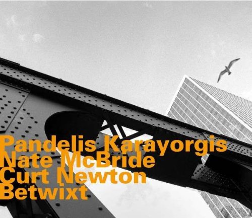"Black and white image of a bridge with orange text overlay and a bird flying."