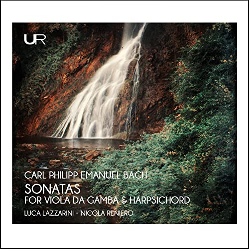 CD cover with a waterfall image and text about Bach sonatas.