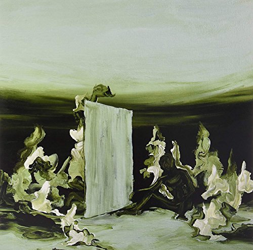 Abstract painting with a pale rectangle and swirling green and black shapes.
