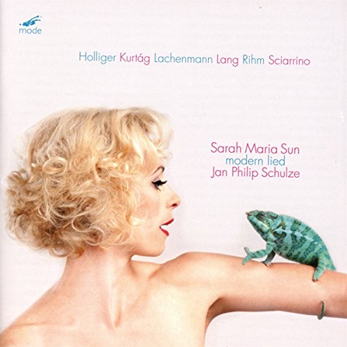 CD cover: blonde woman with a chameleon, text listing composers’ names.