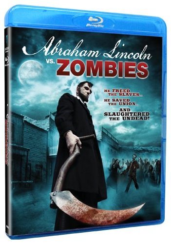 Blue-ray case with Abraham Lincoln holding a bloody scythe, facing zombies in the background.