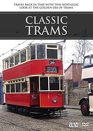 "Red double-decker tram on cobblestone street, with 'Classic Trams' title on DVD cover."