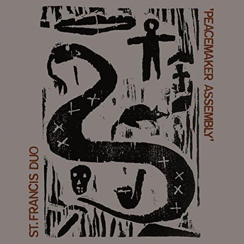 A grey album cover with black illustrations and red text, featuring a snake and figures.