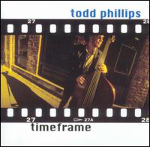 "Todd Phillips' album cover featuring a man holding a double bass, framed like filmstrip."
