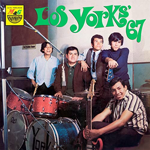 Album cover for Los Yorks’ “67” featuring a band photo and instruments.